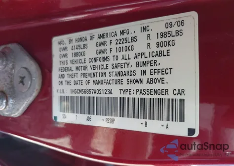 2007 Honda Accord 2.4 Ex z USA, uszkodzony, nr VIN 1HGCM56857A021234